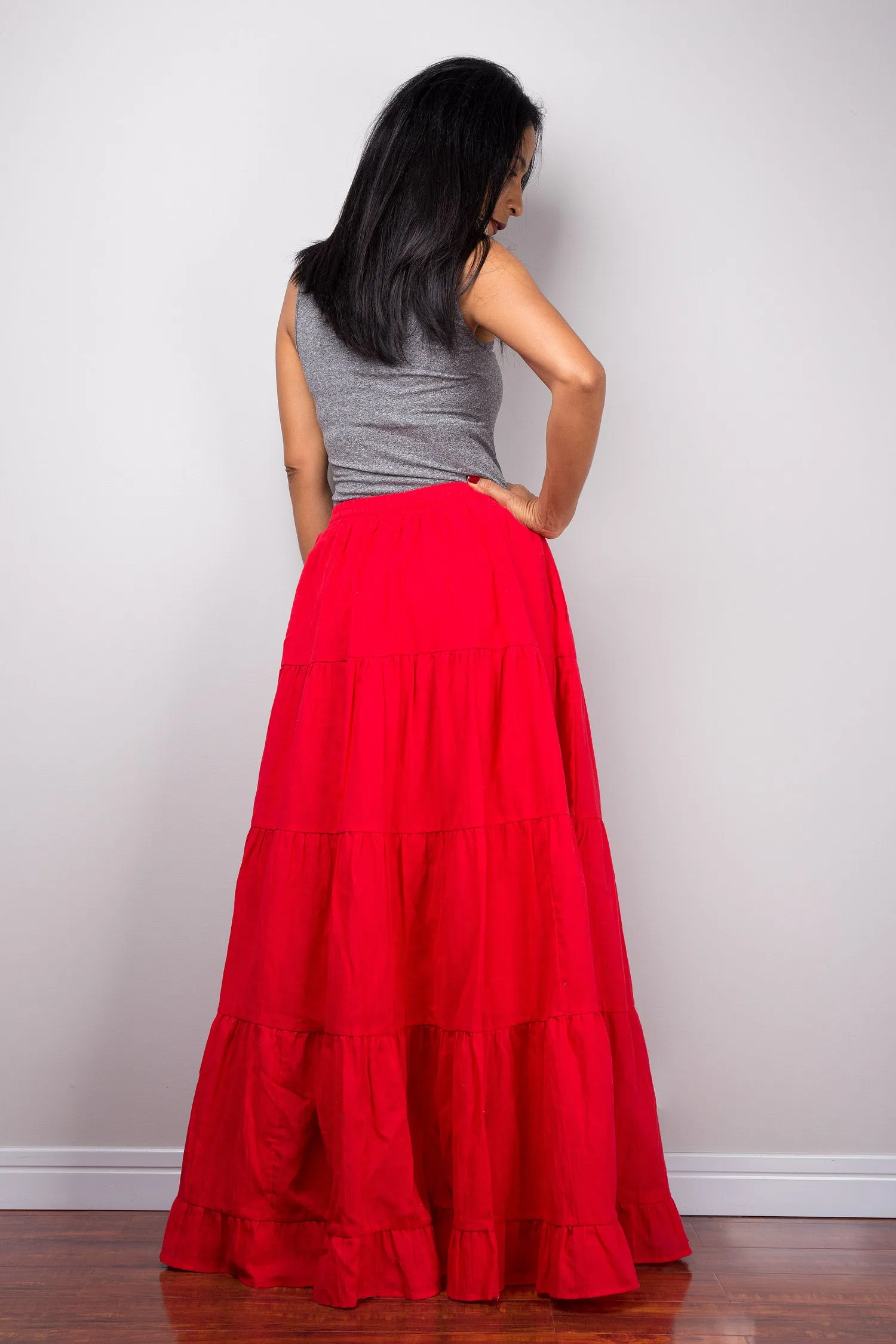 Tiered red peasant maxi skirt