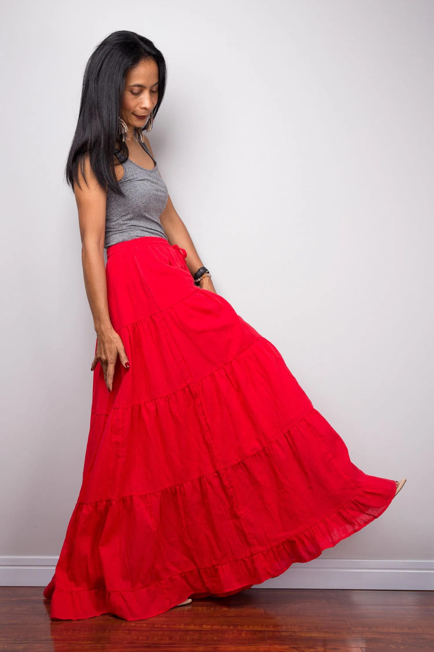 Tiered red peasant maxi skirt