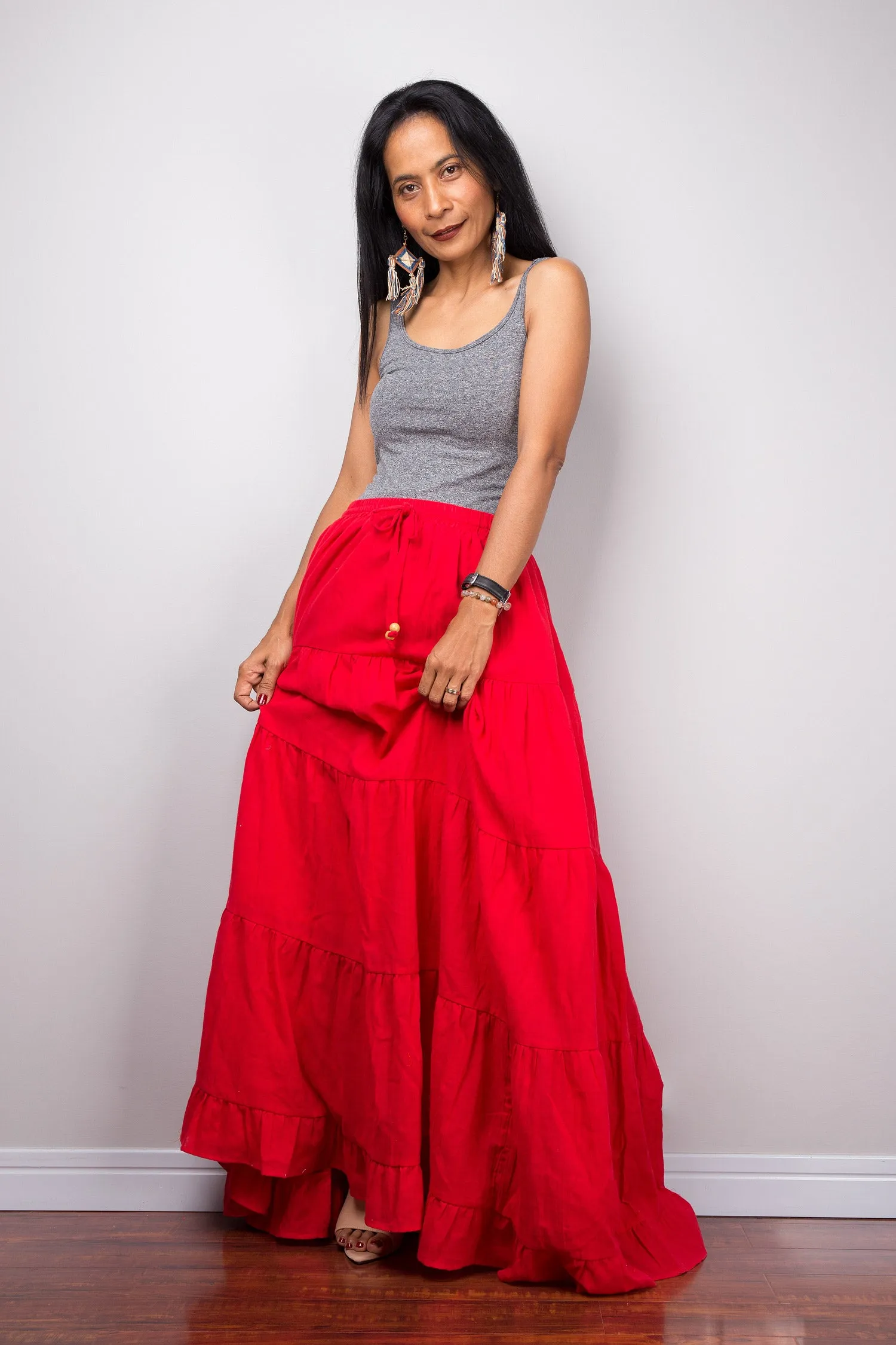 Tiered red peasant maxi skirt