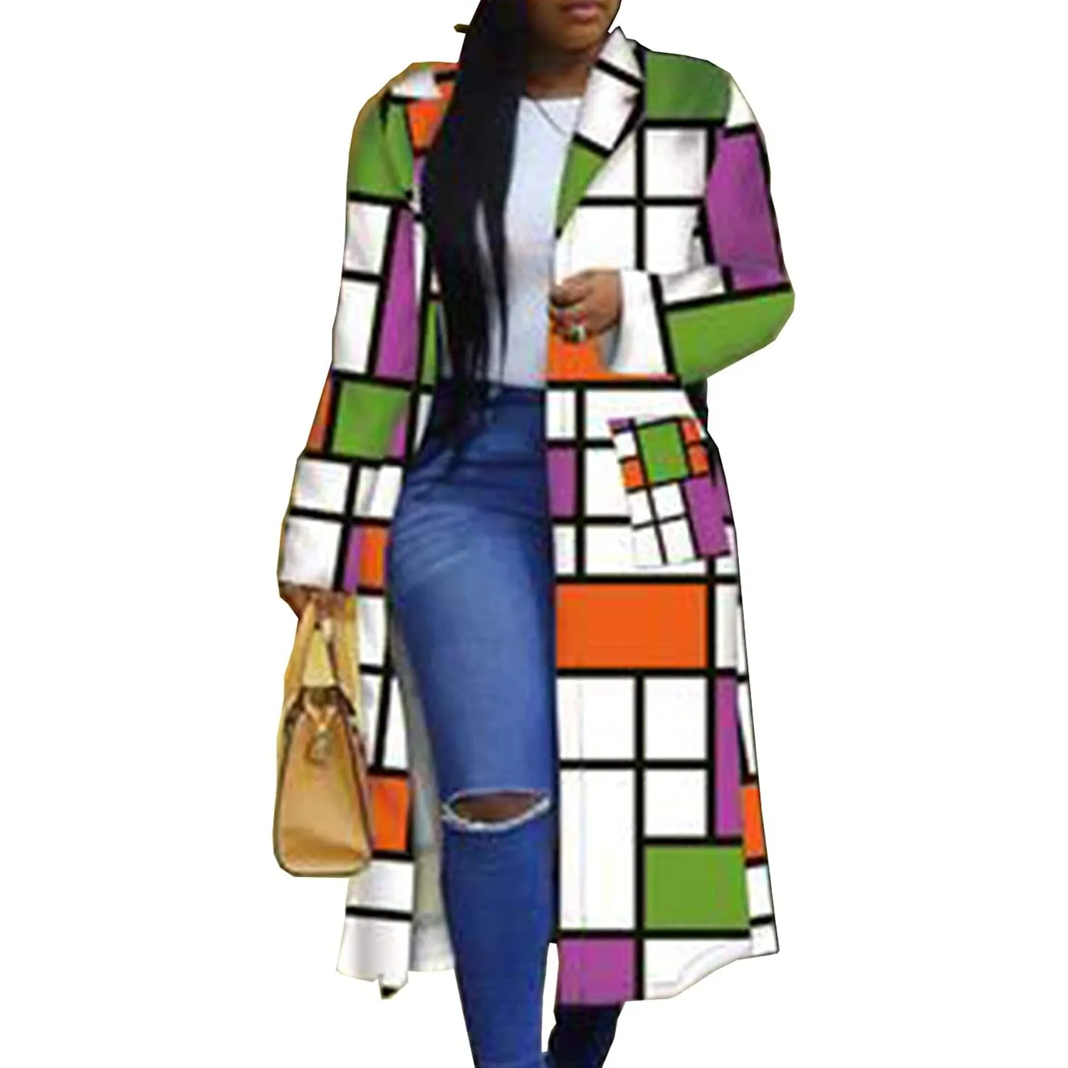 Women's Colored Geo Turn Down Collar Trench Coat