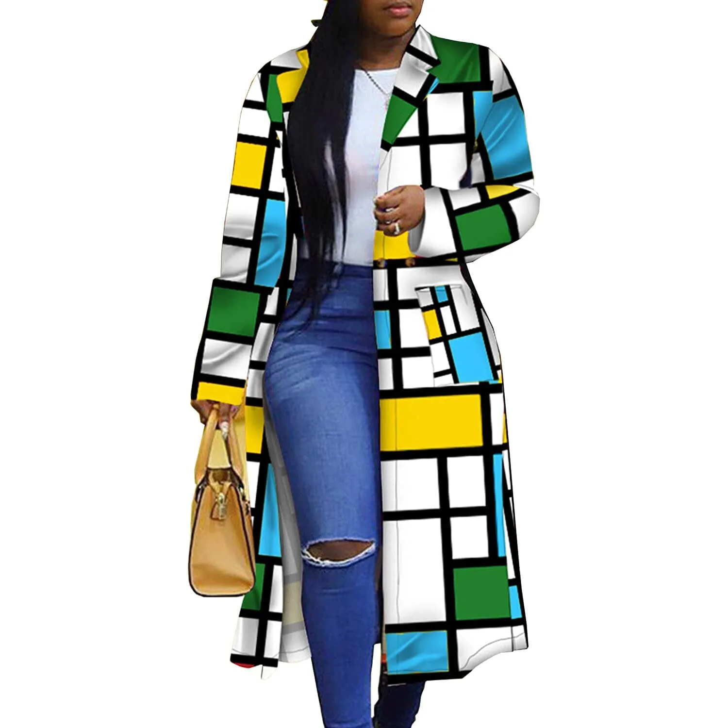 Women's Colored Geo Turn Down Collar Trench Coat