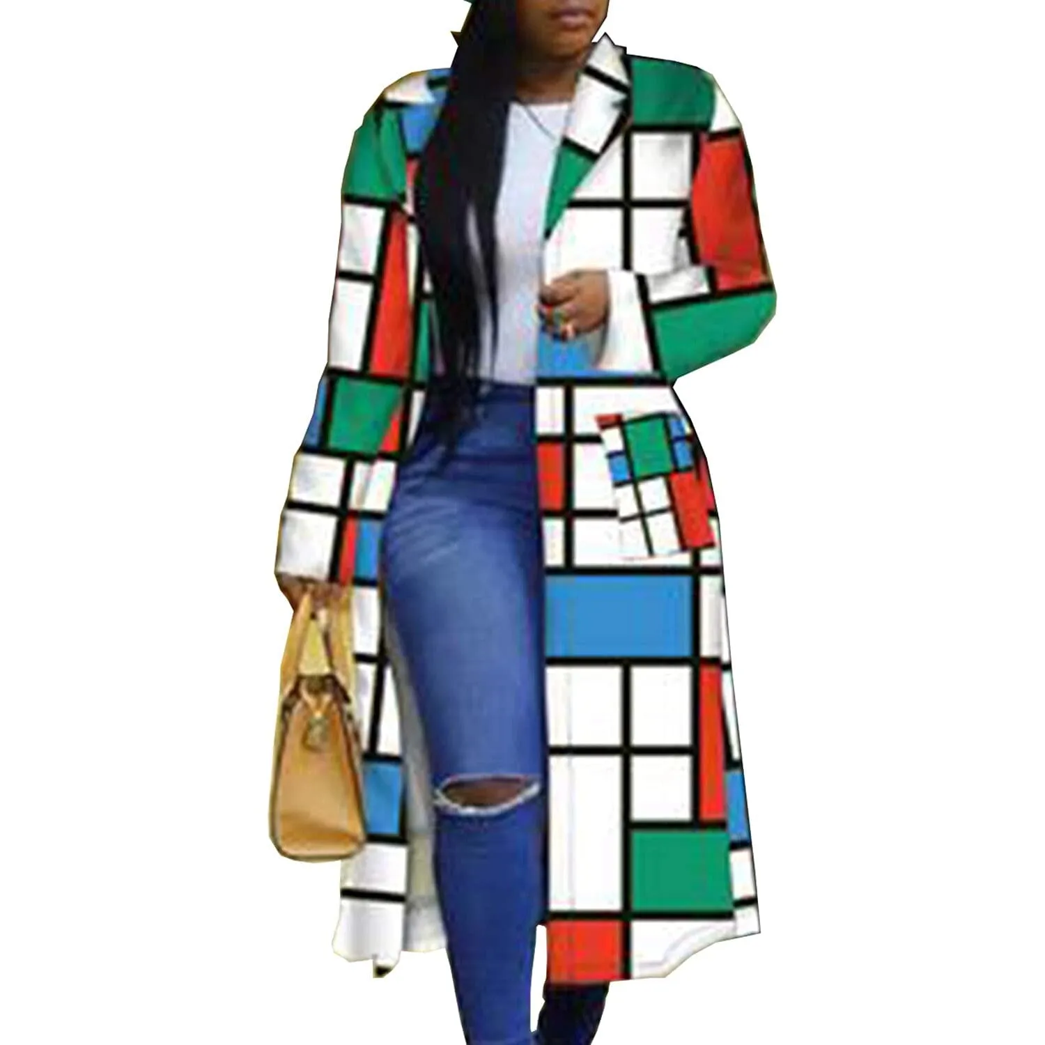 Women's Colored Geo Turn Down Collar Trench Coat